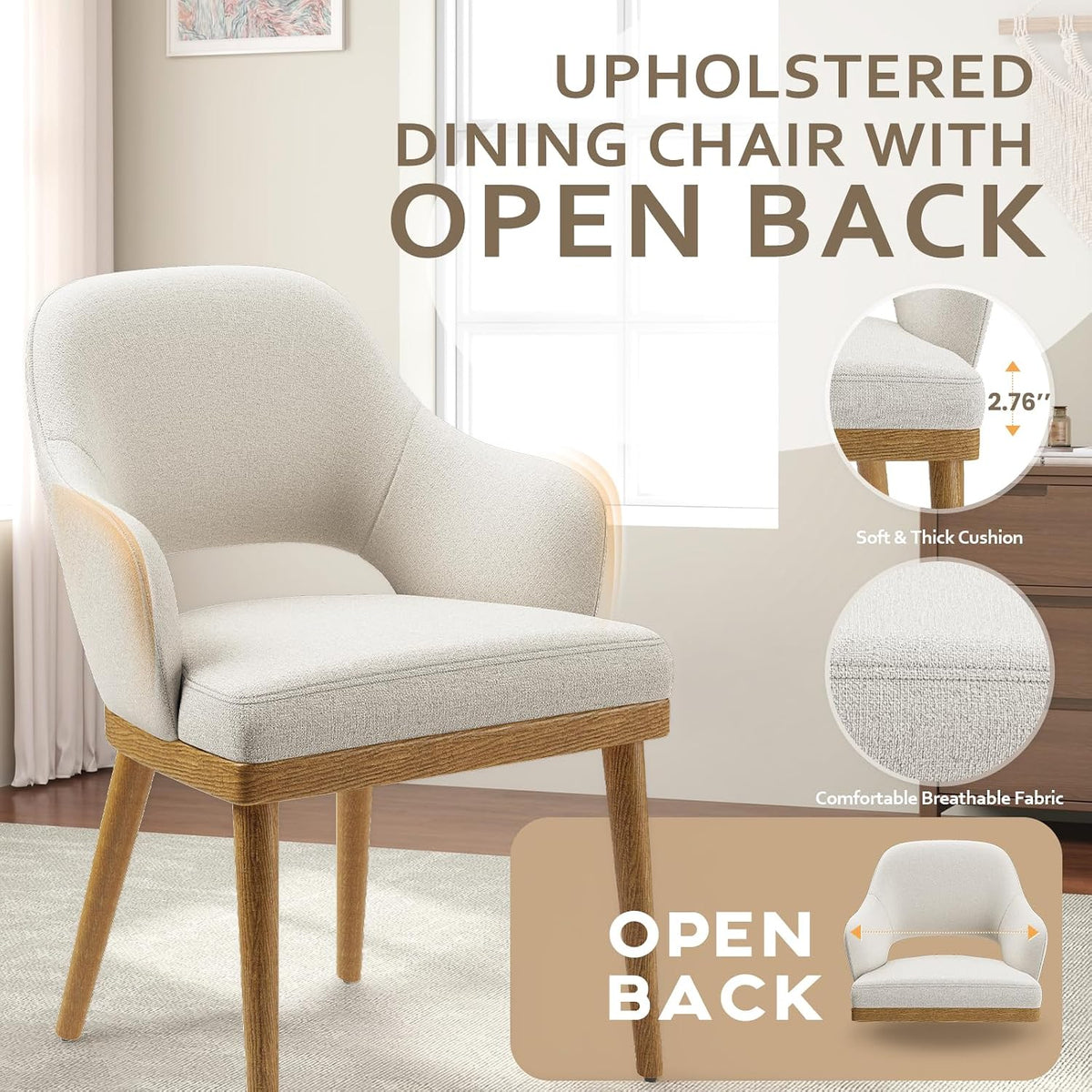 2 Pack Beige Fabric Open‑Back Wooden Dining Chairs