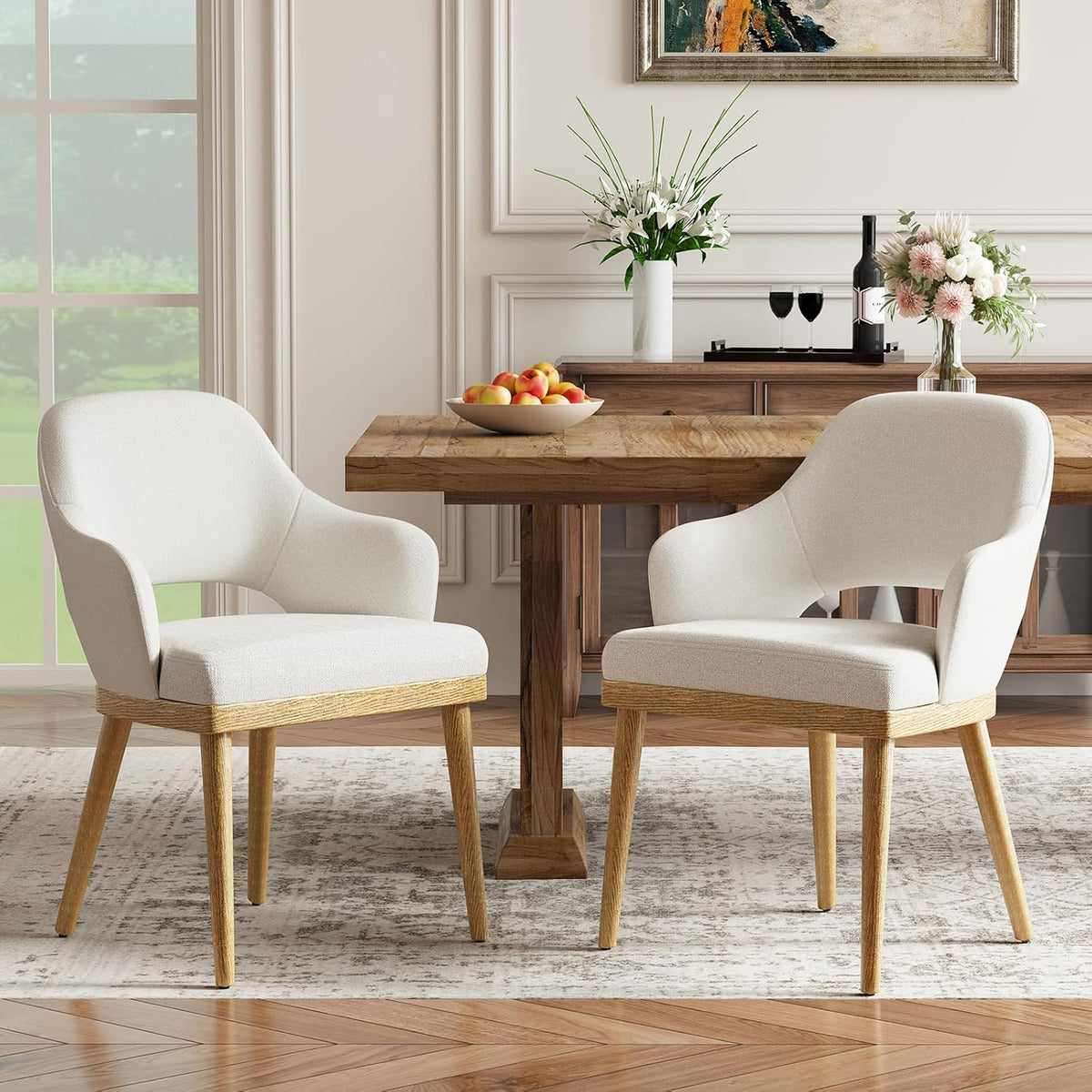 2 Pack Beige Fabric Open‑Back Wooden Dining Chairs