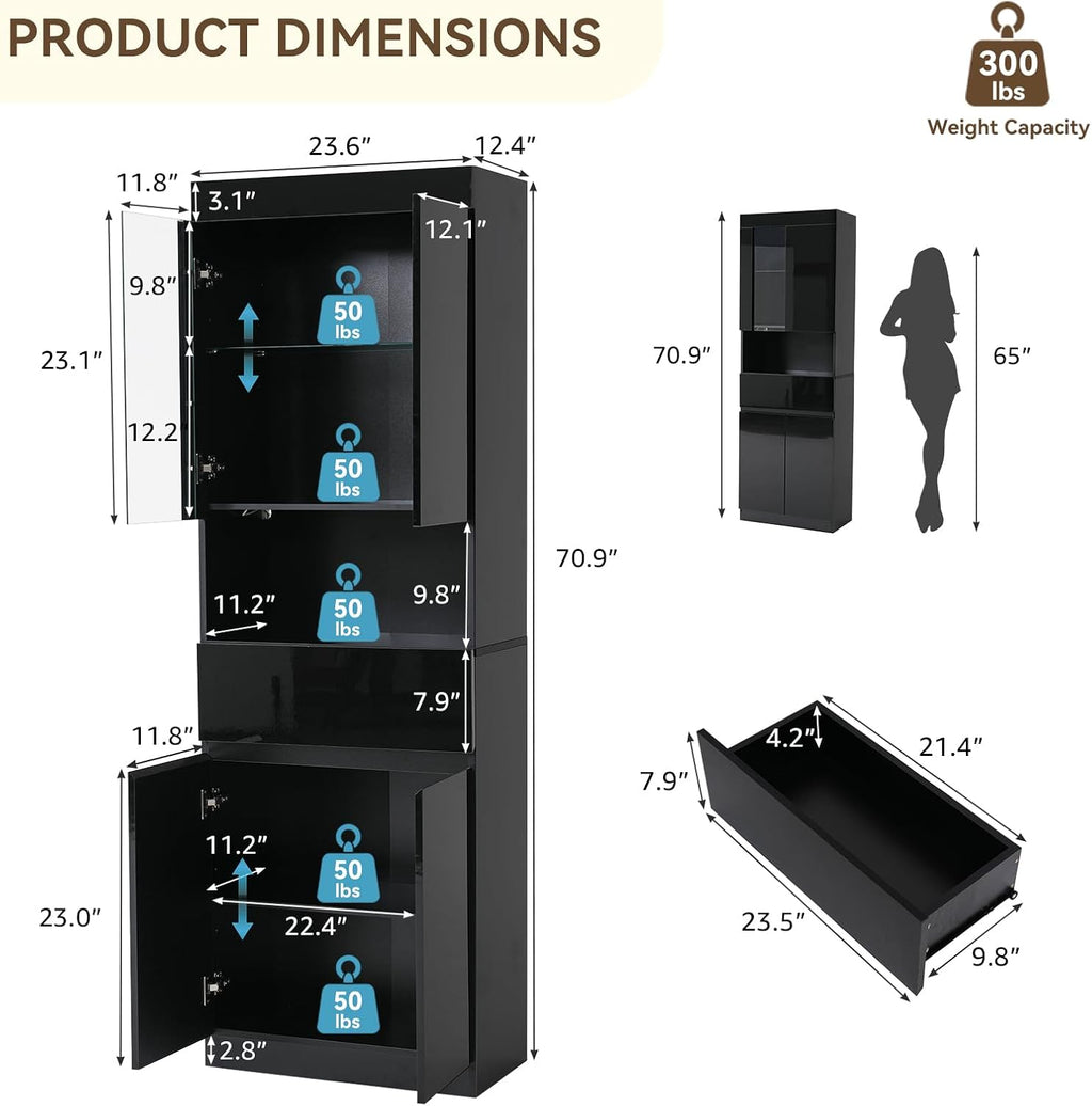 Black 6‑Tier High‑Gloss LED Glass Display Cabinet