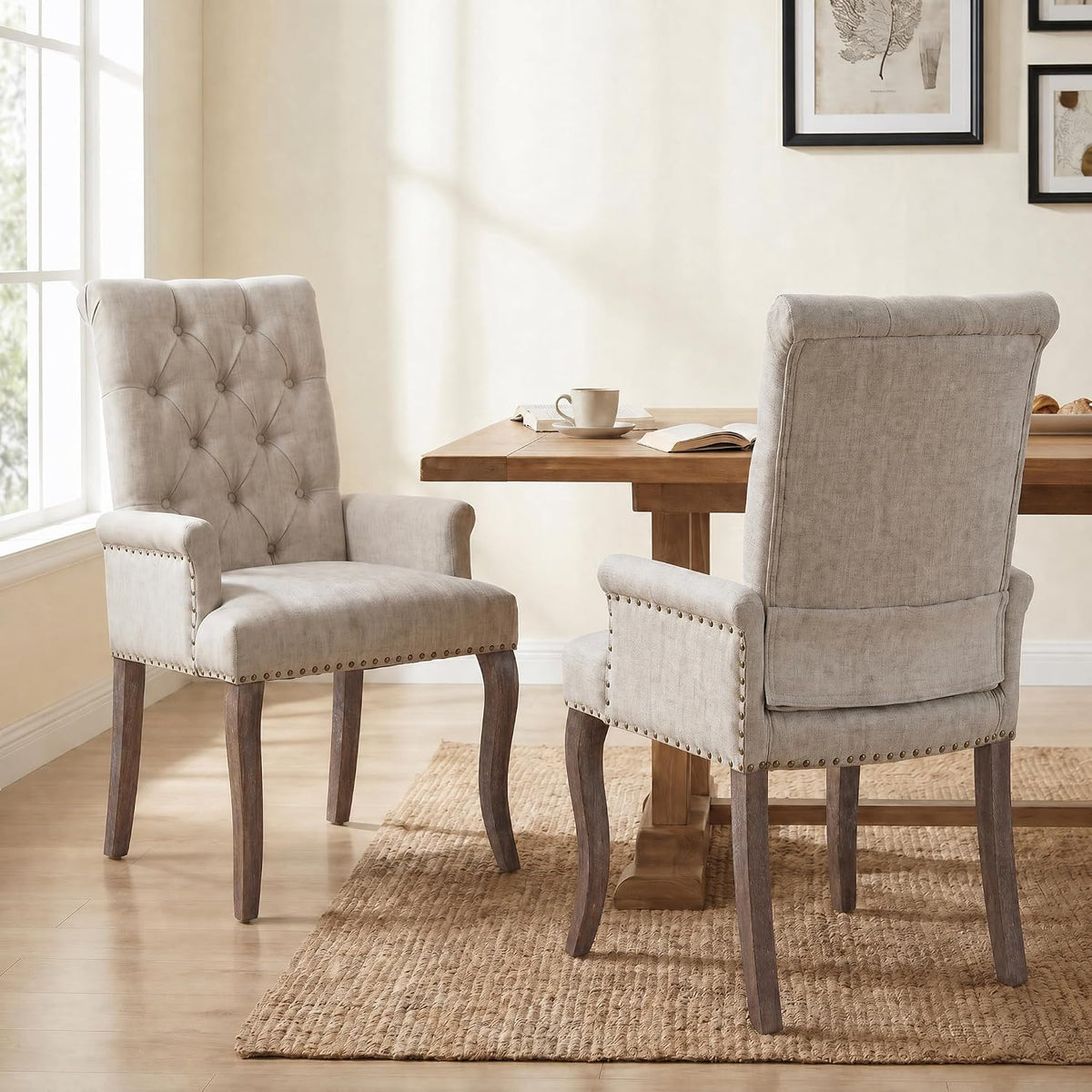 2 Pack Greyish Beige Upholstered Dining Chairs with Arms