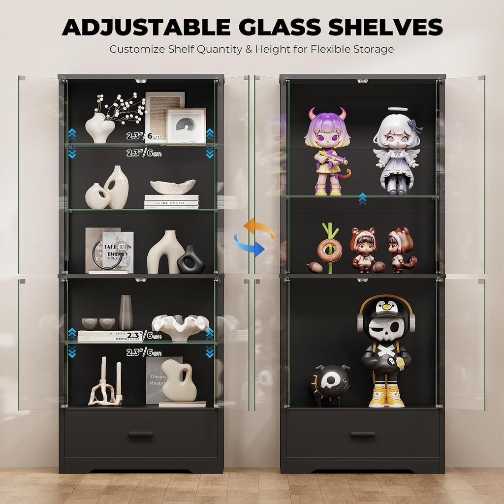 71" 5‑Tier Glass Display Cabinet with Storage Drawer