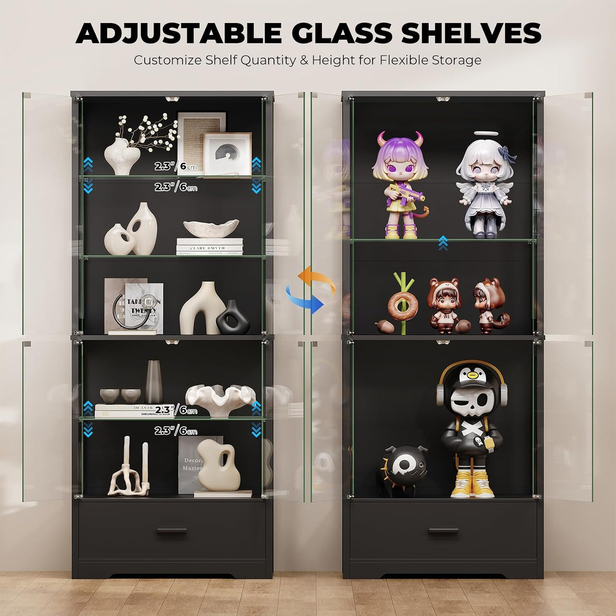 71" 5‑Tier Glass Display Cabinet with Storage Drawer