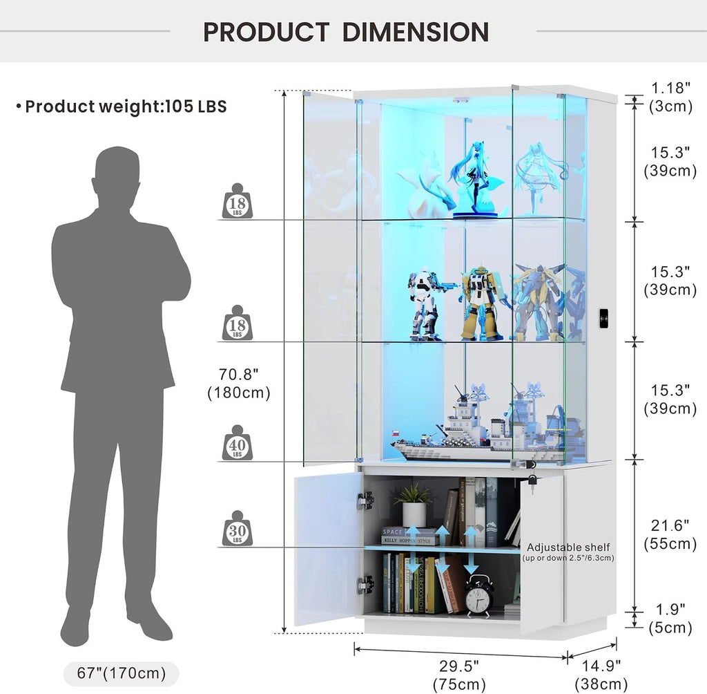 71" Lockable Glass Display Cabinet with LED Sensor