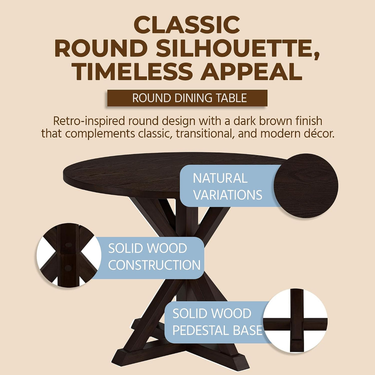 Dark Brown Round Dining Table with Pedestal Base