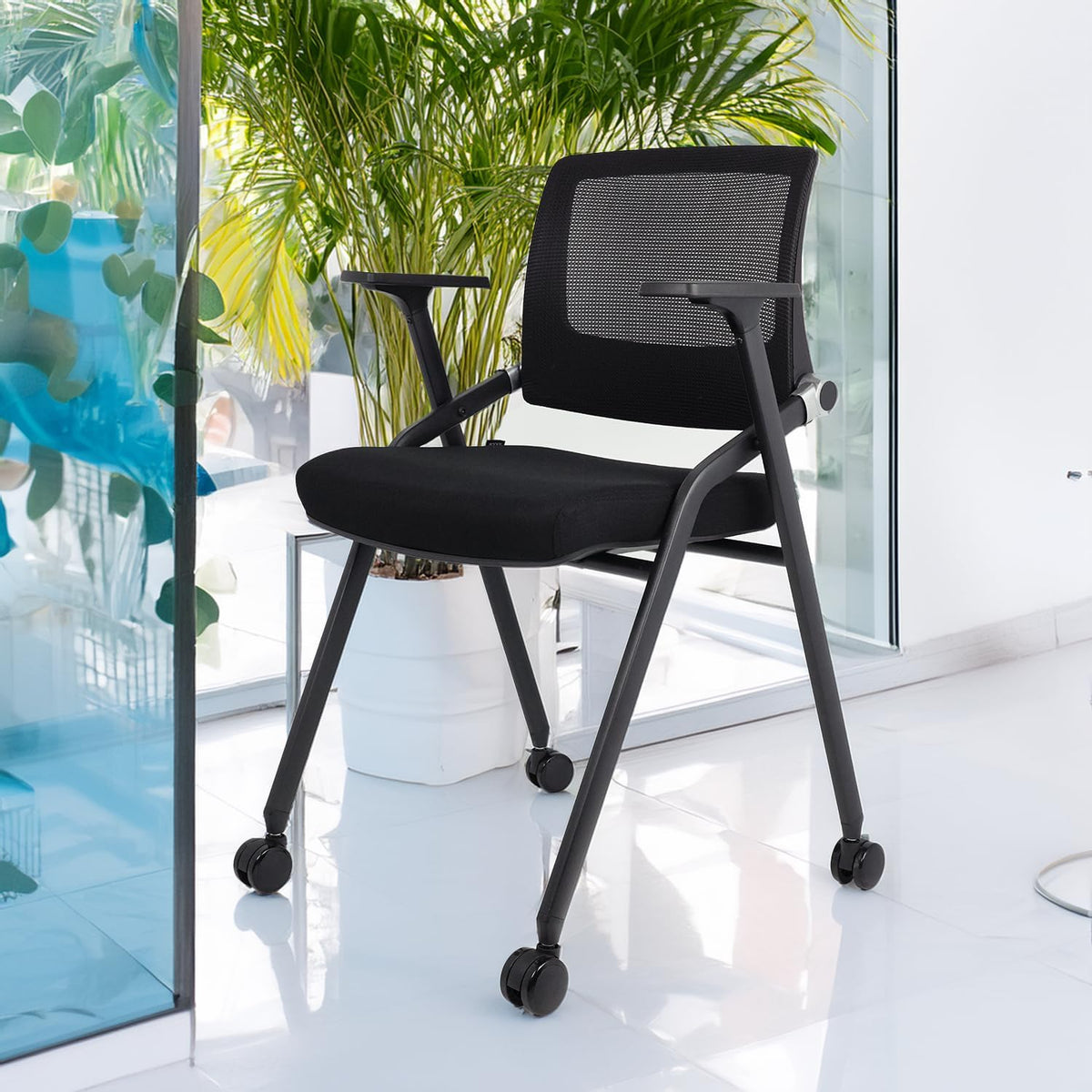 2 Pack Black Wheeled Mesh Foldable Chairs