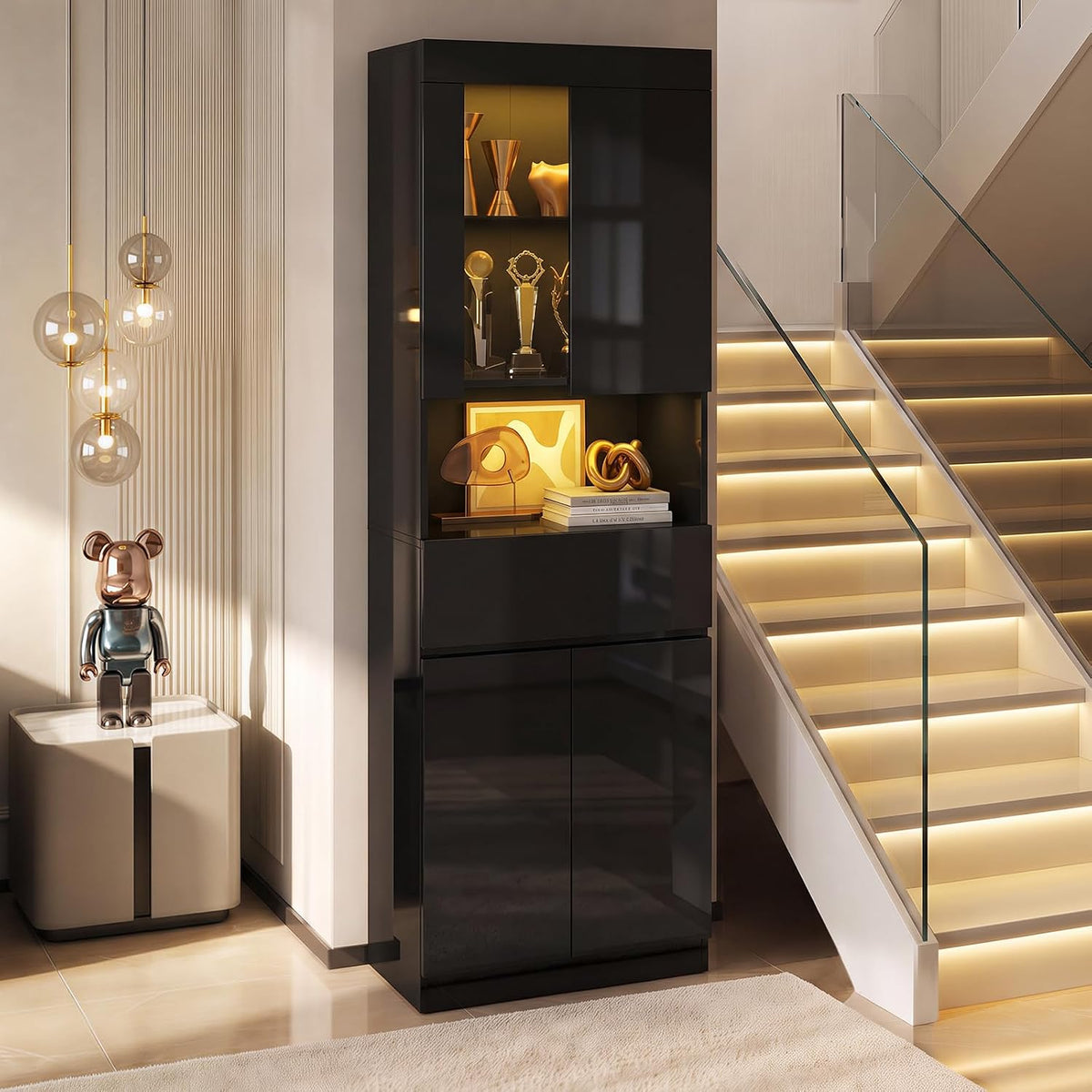 Black 6‑Tier High‑Gloss LED Glass Display Cabinet