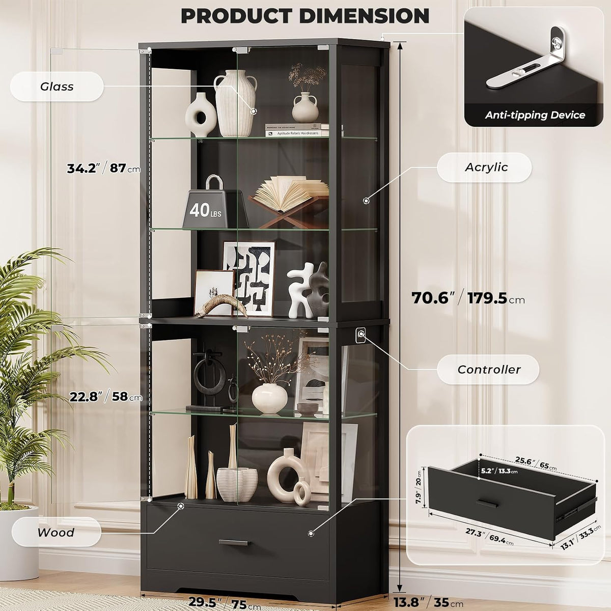 71" 5‑Tier Glass Display Cabinet with Storage Drawer