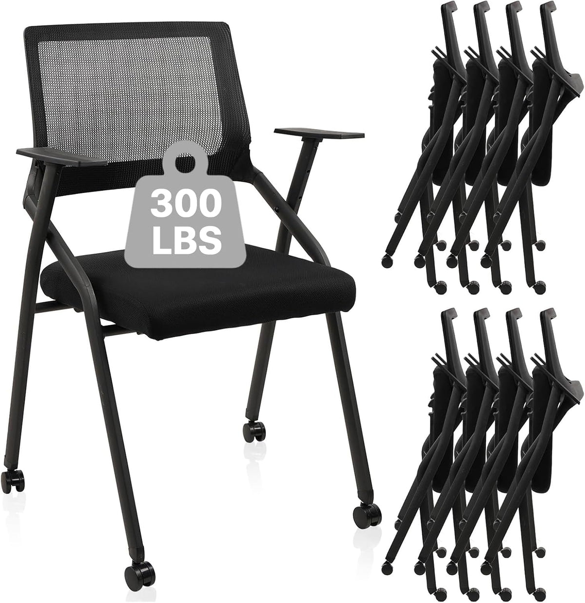 8 Pack Black Wheeled Padded Foldable Chairs