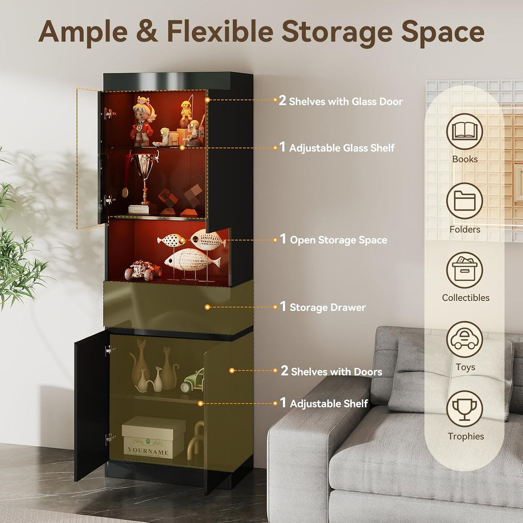 Black 6‑Tier High‑Gloss LED Glass Display Cabinet