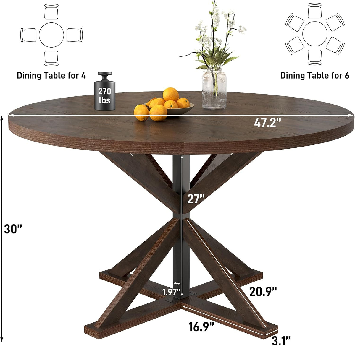 47" Brown Rustic Round Wood Dining Table