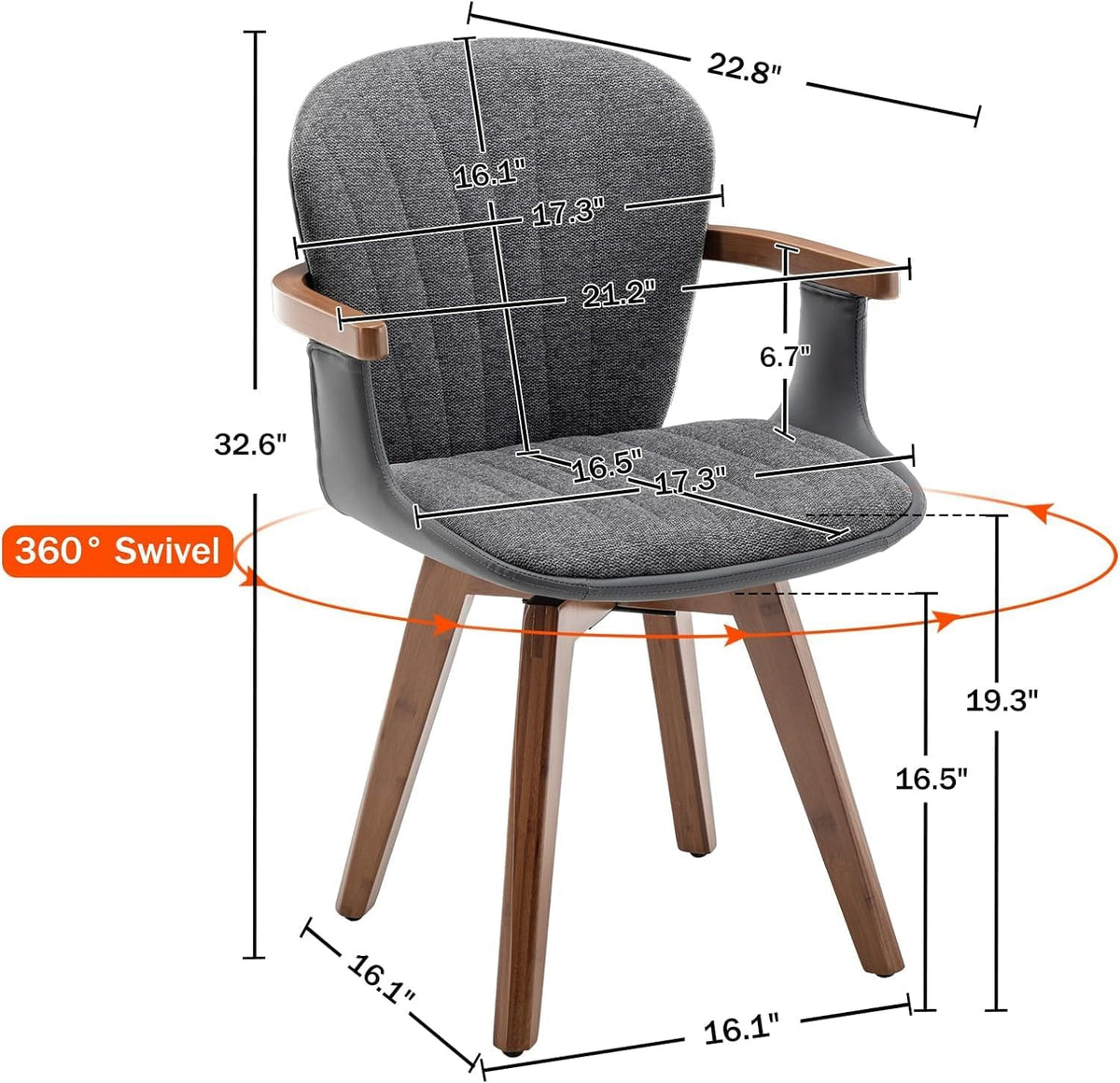 2 Pack Gray Fabric Swivel Dining Chairs with Bamboo Legs