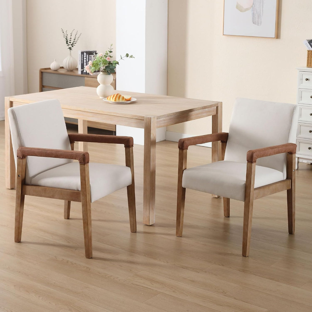 2 Pack Ivory Linen Upholstered Wood Dining Armchairs
