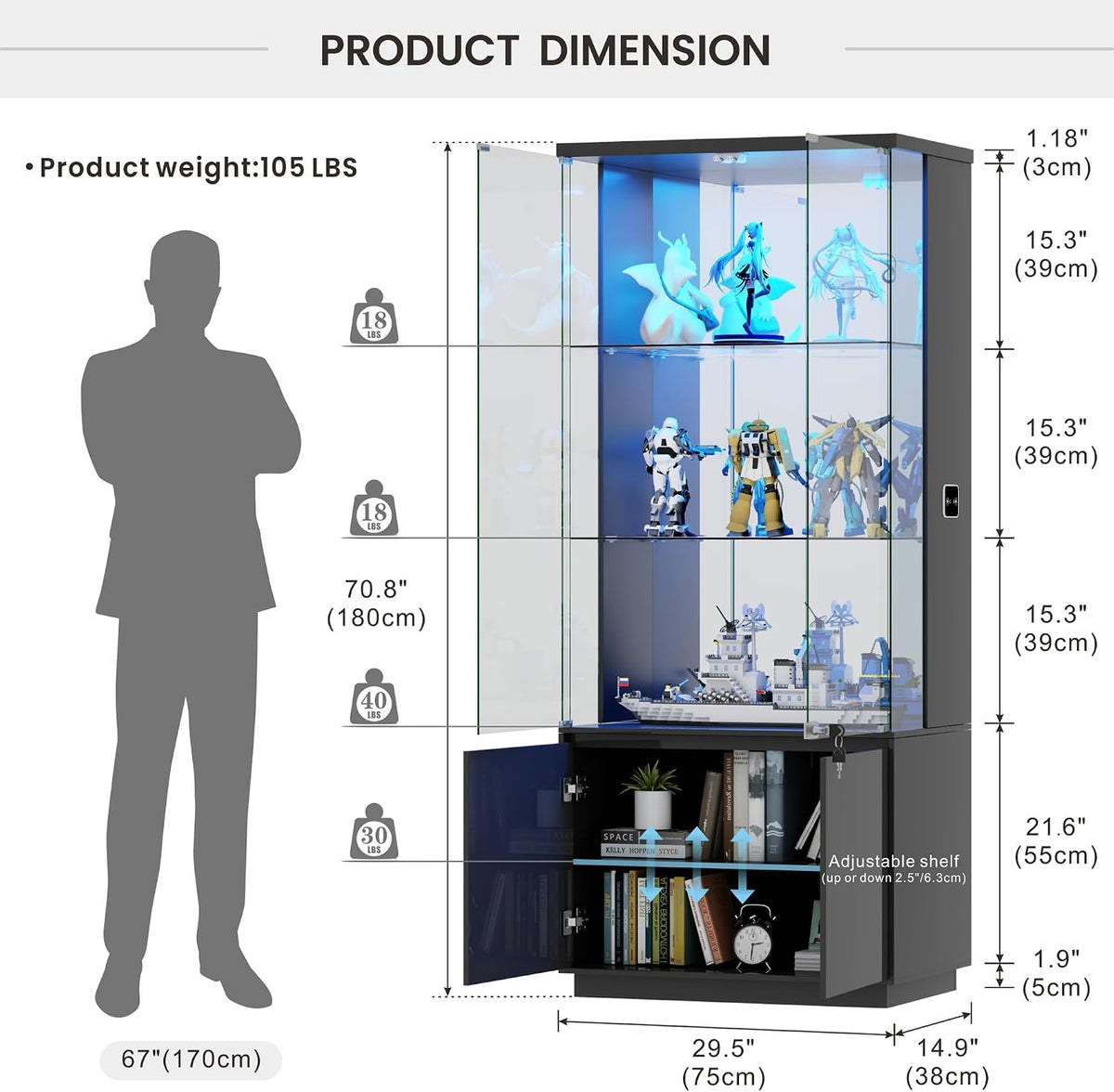 Black Tall Glass Display Cabinet with LED Sensor Light