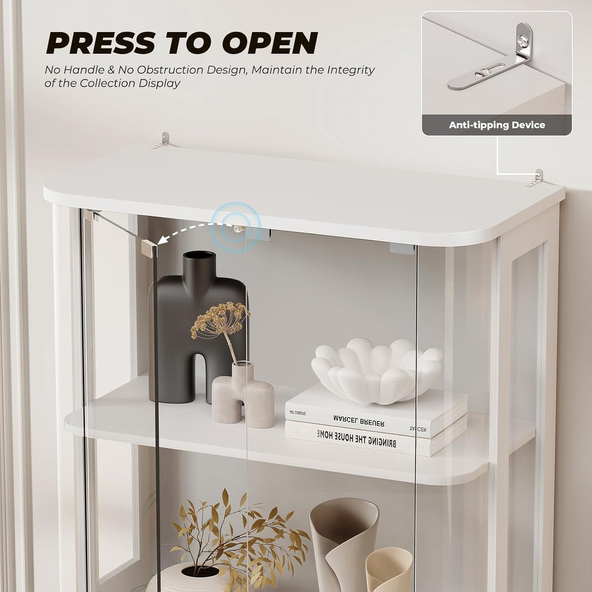 White 4‑Tier Rounded Glass Door Curio Cabinet
