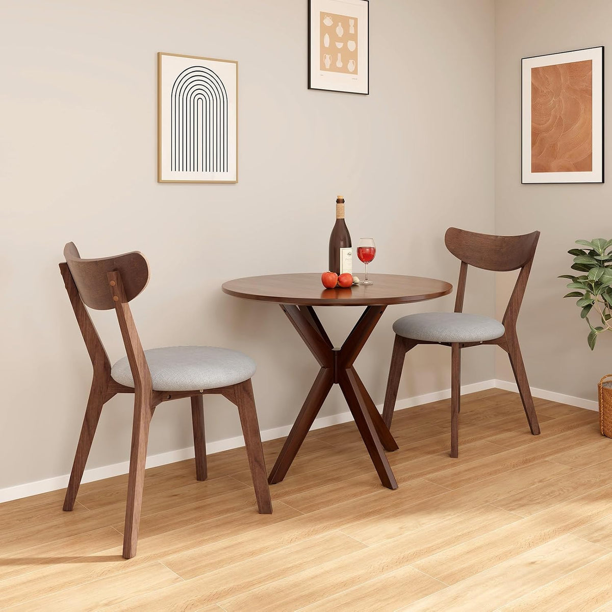 Brown Round Dining Table with Rubber Wood Legs