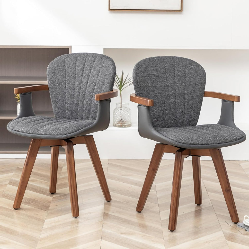 2 Pack Gray Fabric Swivel Dining Chairs with Bamboo Legs
