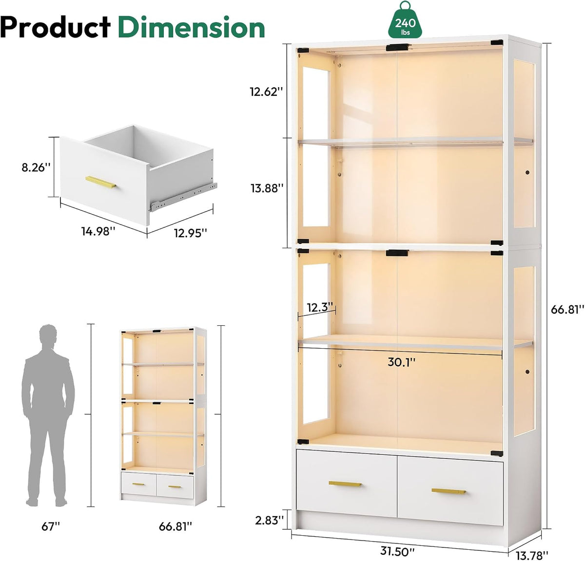 White Tall Glass Display Cabinet for Purses & Jewelry