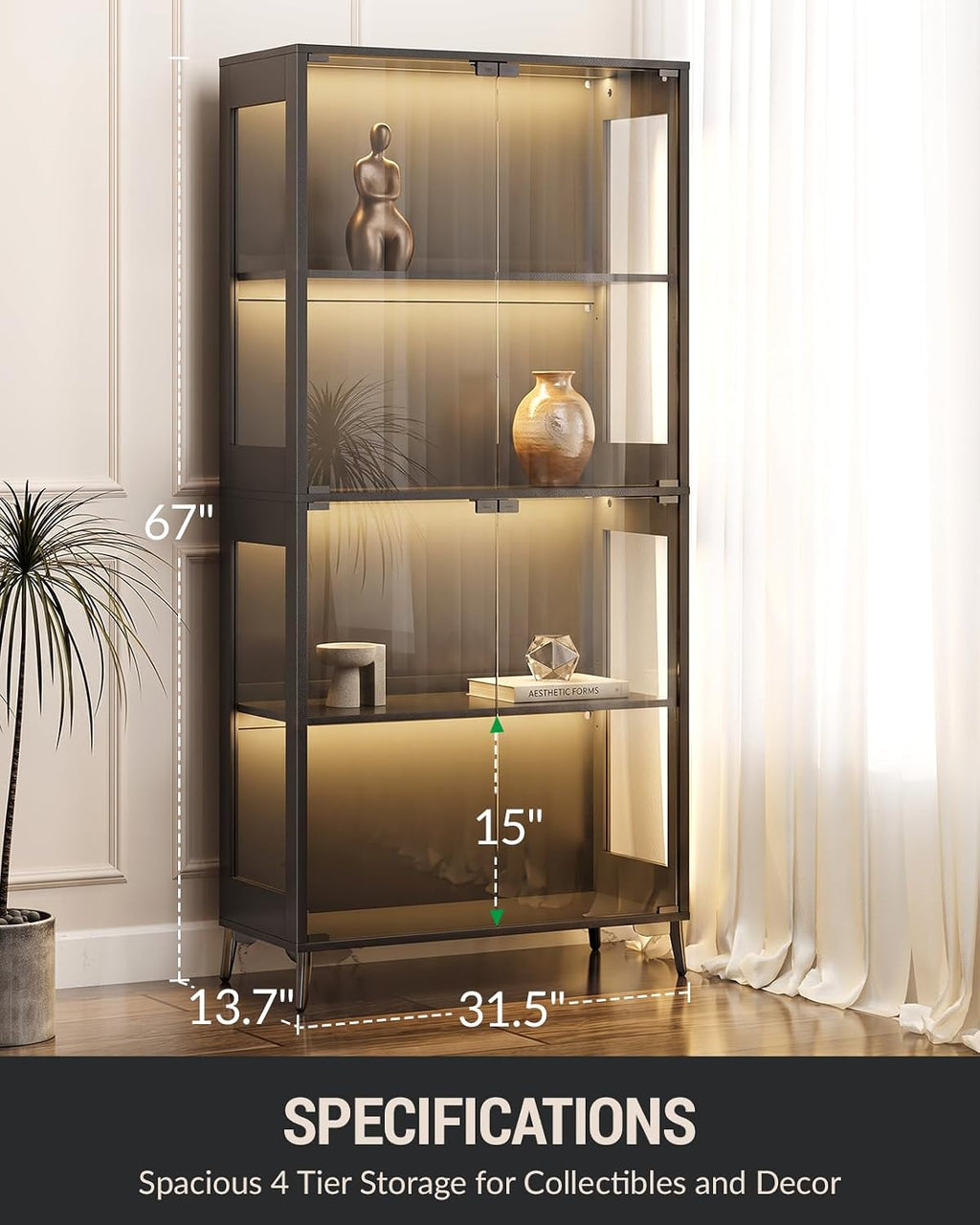 4‑Tier Glass Display Cabinet with RGB LED Lights