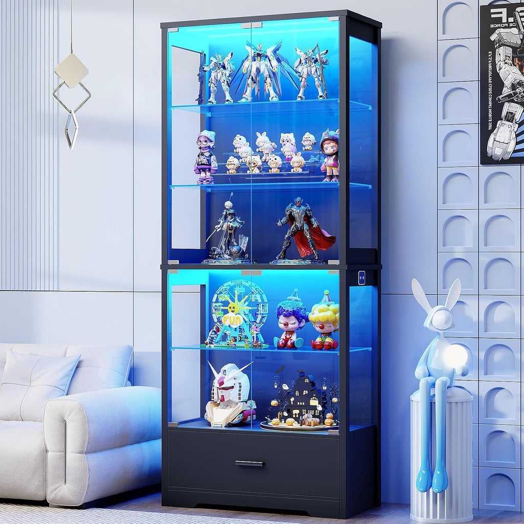 71" 5‑Tier Glass Display Cabinet with Storage Drawer