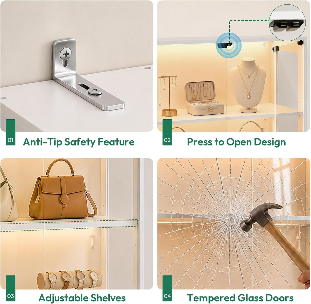 White Tall Glass Display Cabinet for Purses & Jewelry