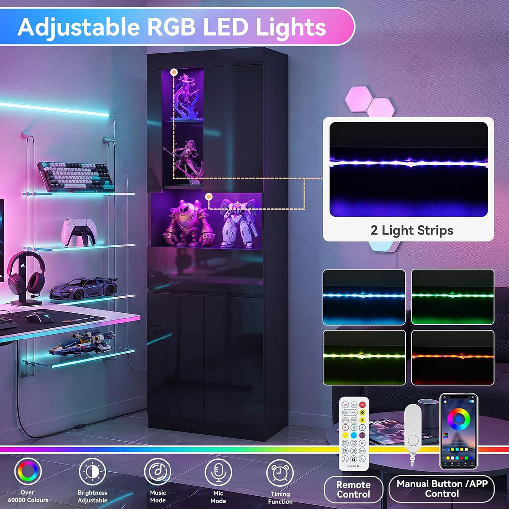 Black 6‑Tier High‑Gloss LED Glass Display Cabinet