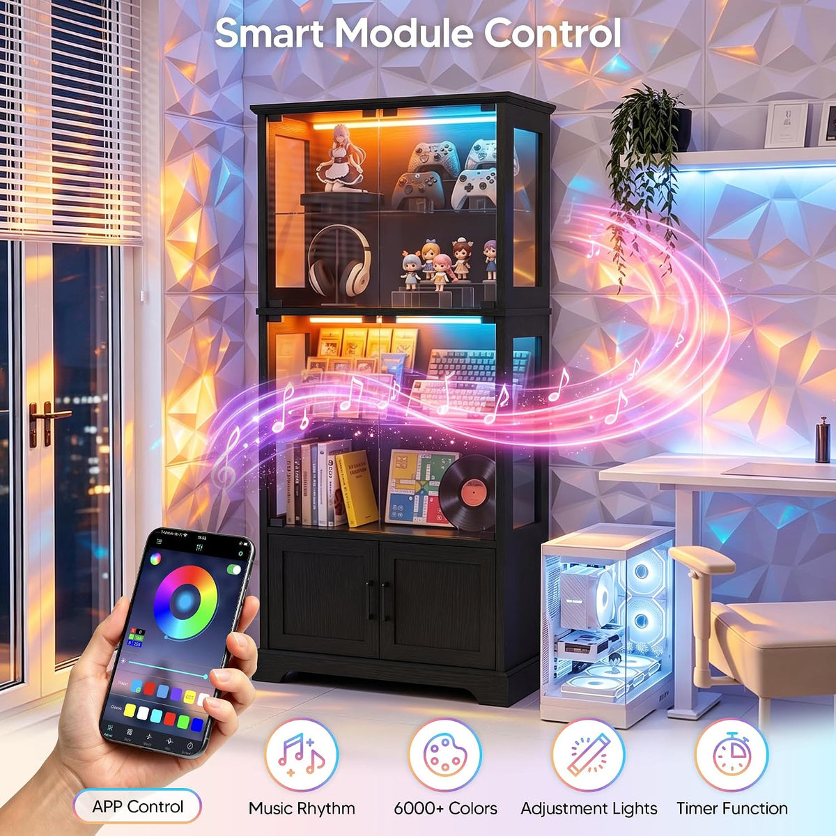 4‑Tier Glass Door Display Cabinet with RGB Lights