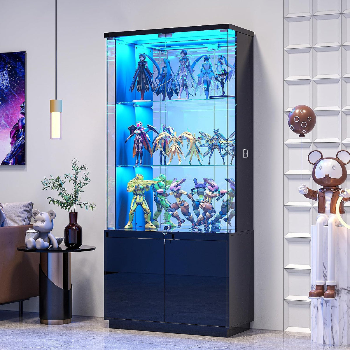 Black Tall Glass Display Cabinet with LED Sensor Light
