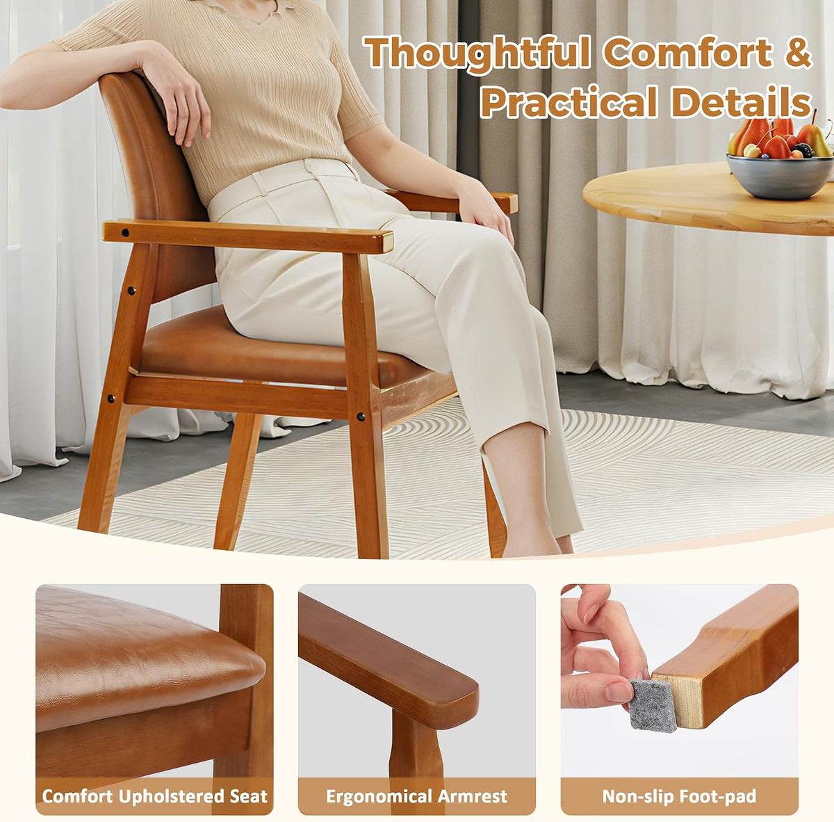 1 Pack Brown PU Leather Dining Armchairs Wood Frame