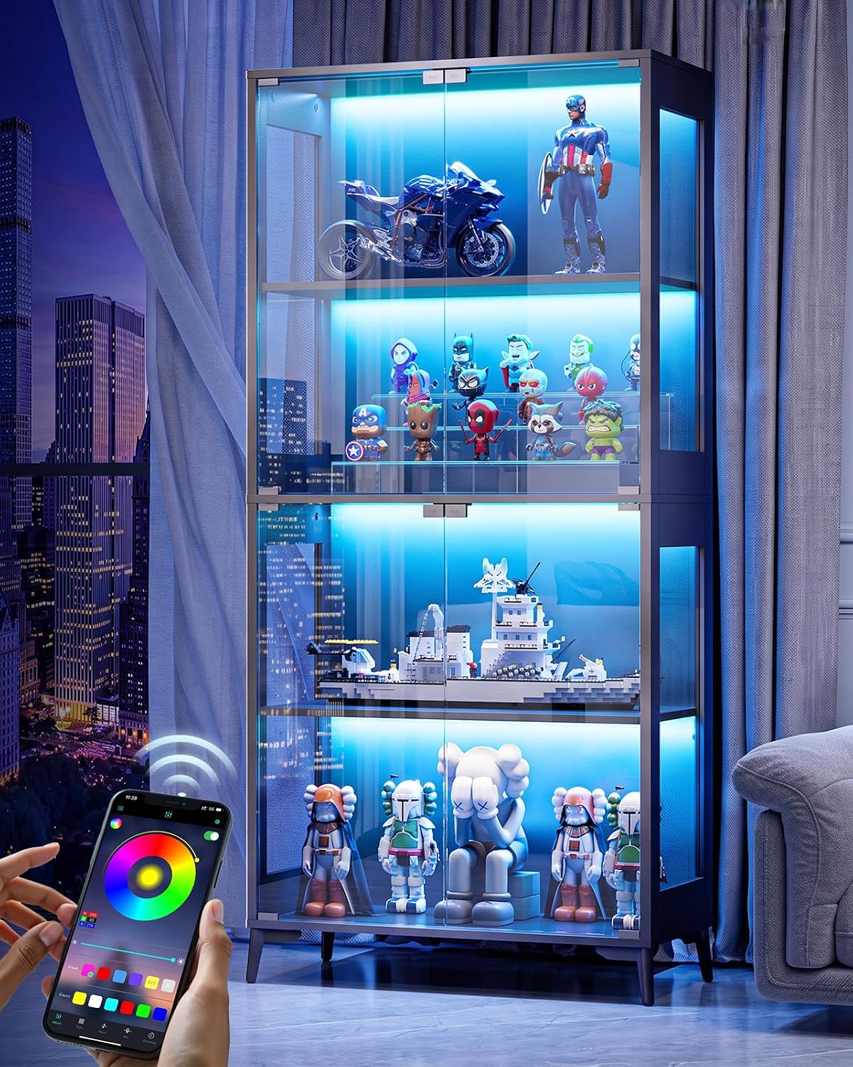 4‑Tier Glass Display Cabinet with RGB LED Lights