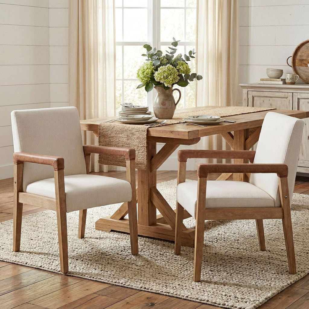 2 Pack Ivory Linen Upholstered Wood Dining Armchairs