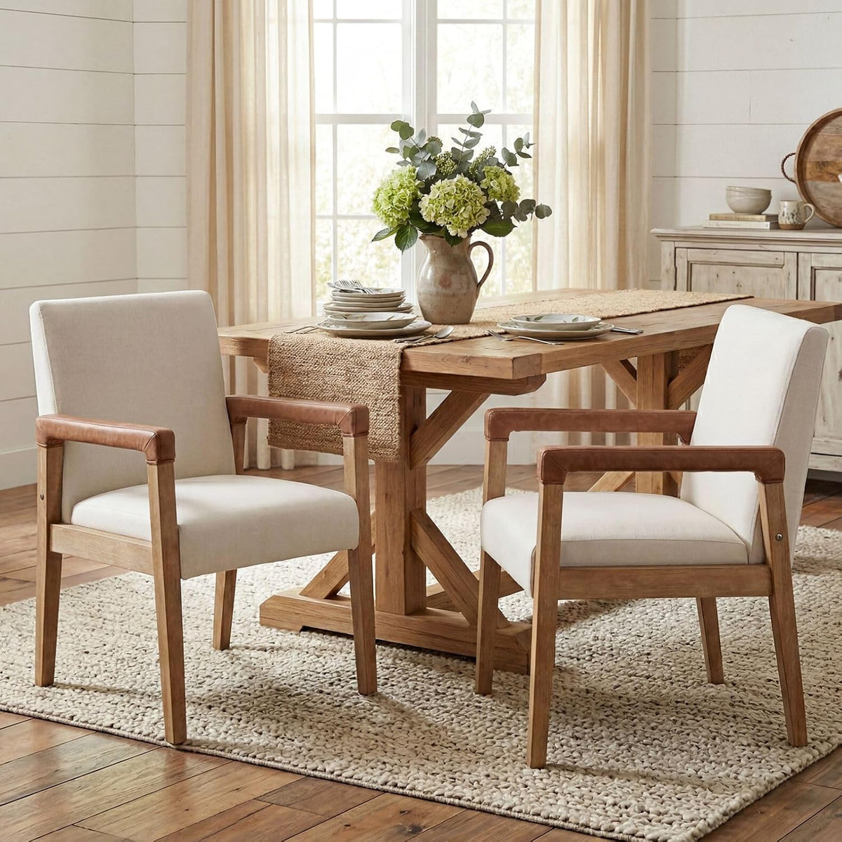 2 Pack Ivory Linen Upholstered Wood Dining Armchairs