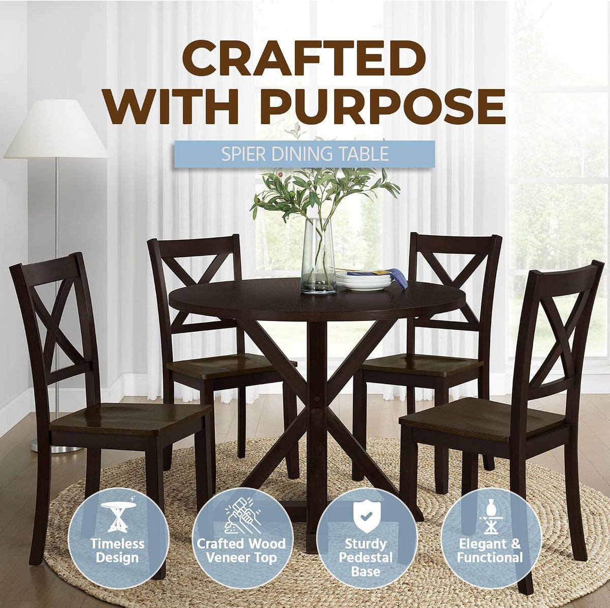 Dark Brown Round Dining Table with Pedestal Base