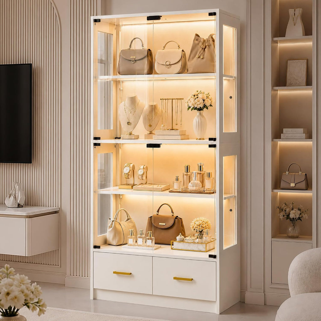 White Tall Glass Display Cabinet for Purses & Jewelry