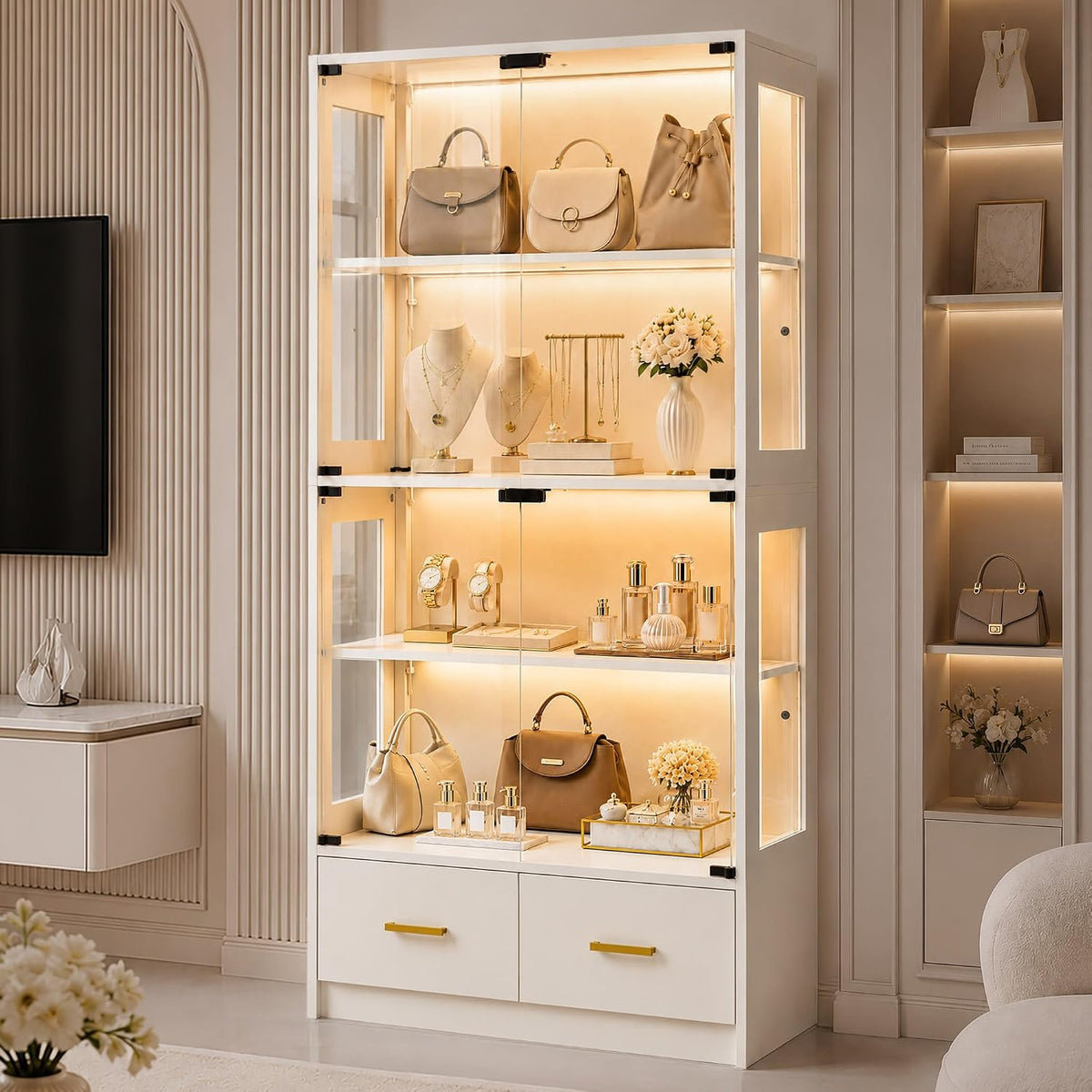 White Tall Glass Display Cabinet for Purses & Jewelry