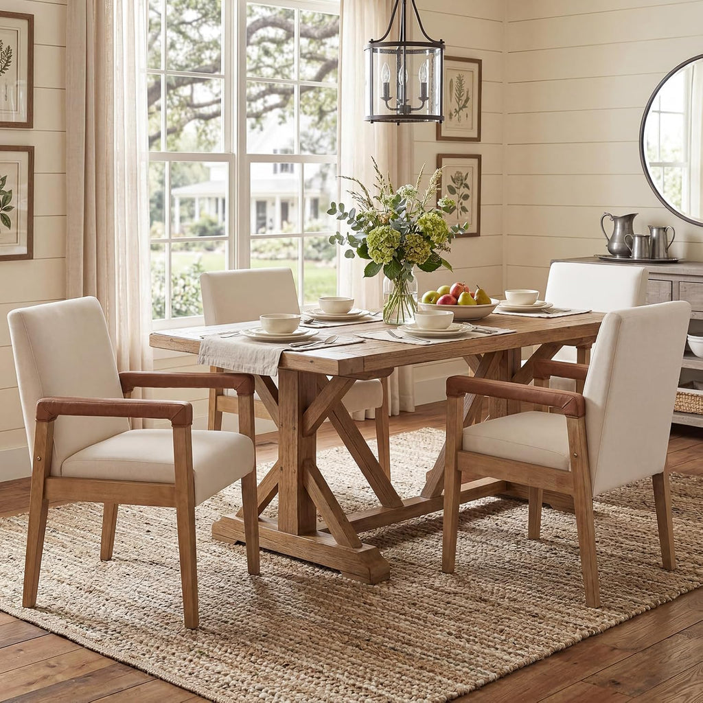 2 Pack Ivory Linen Upholstered Wood Dining Armchairs