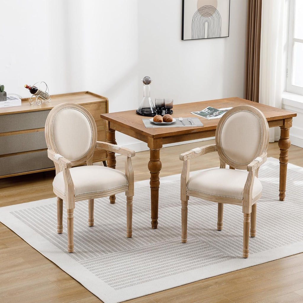2 Pack Beige Linen Carved Arm Solid Wood Dining Chairs