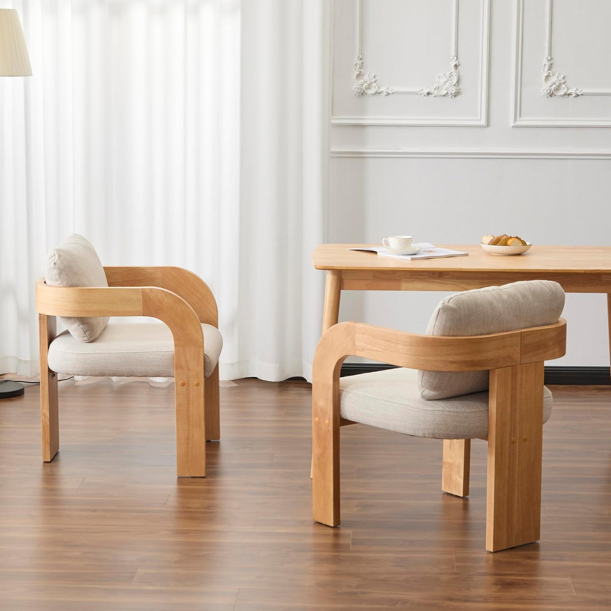 2 Pack Beige Cushion Curved‑Back Solid Wood Dining Chairs