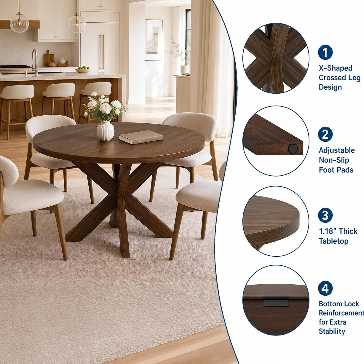 47" Round Wood Dining Table with X‑Leg Base