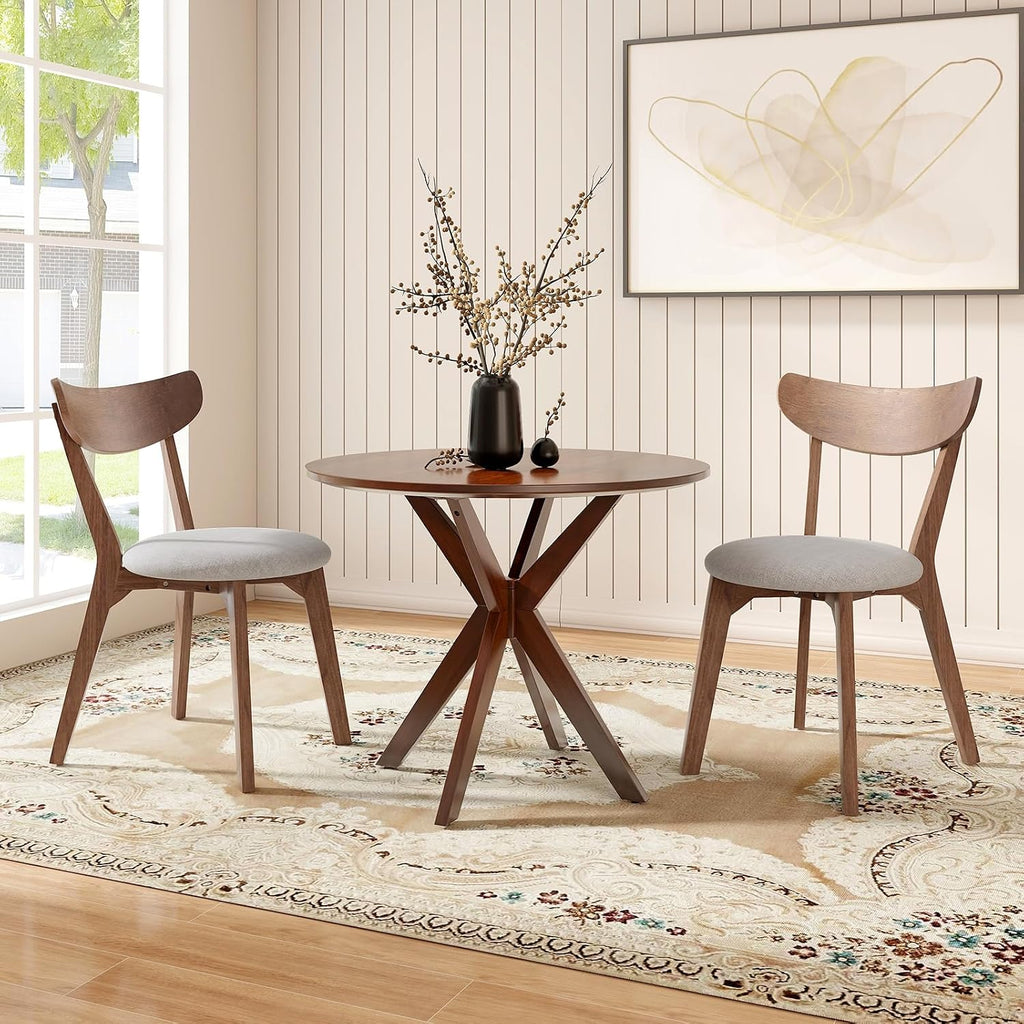 Brown Round Dining Table with Rubber Wood Legs
