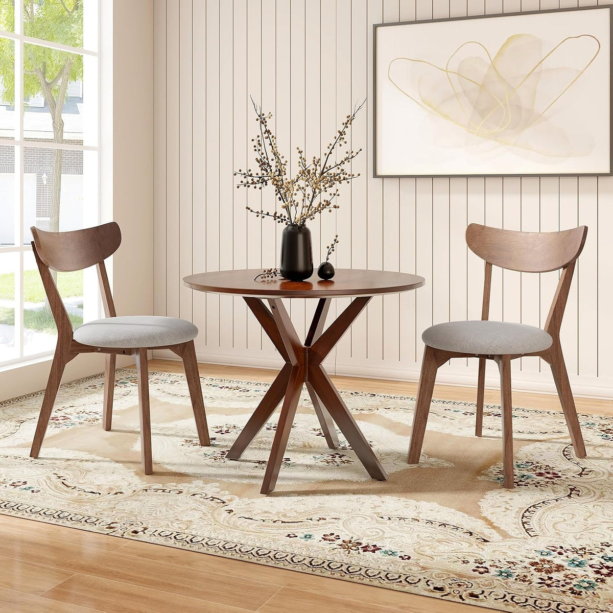 Brown Round Dining Table with Rubber Wood Legs