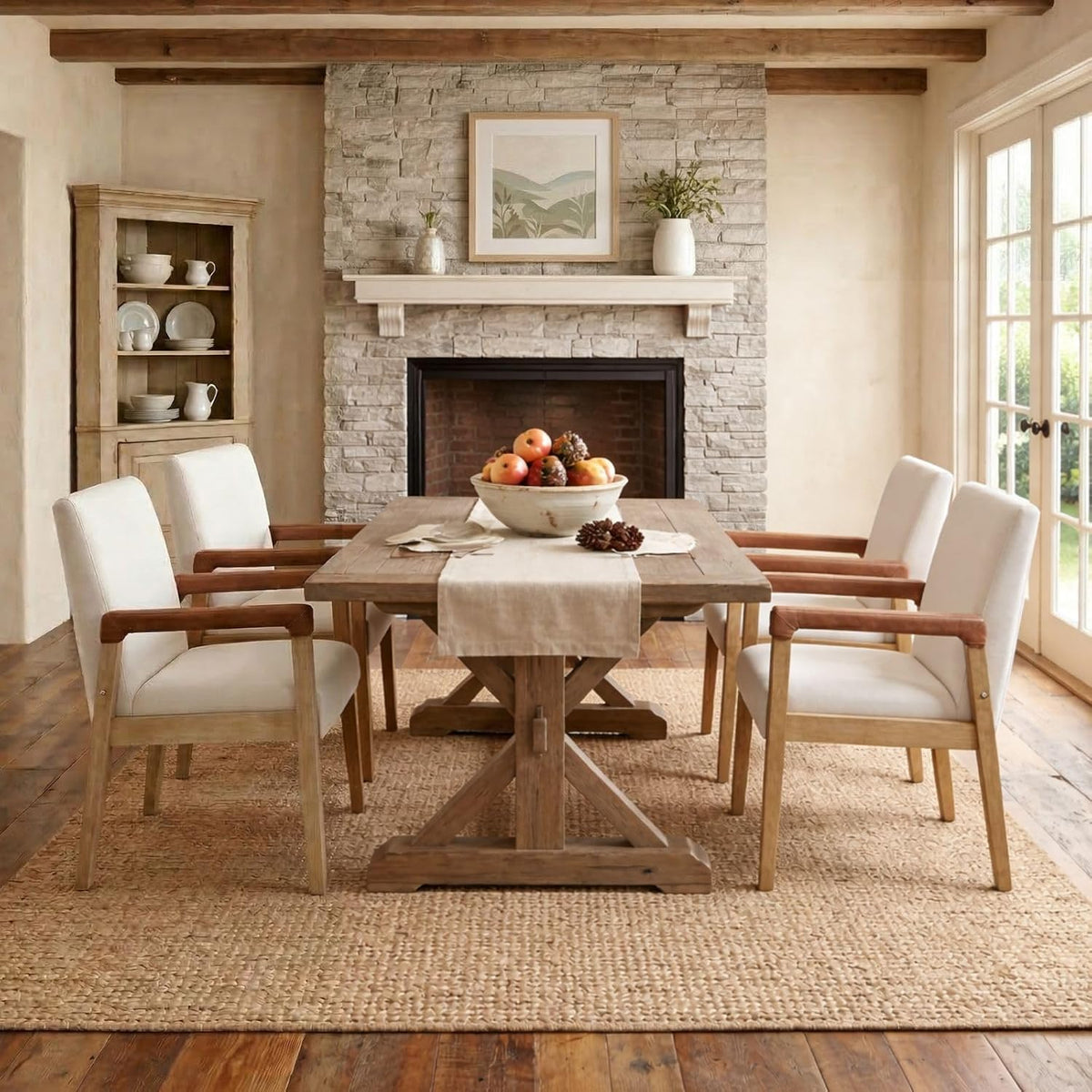 2 Pack Ivory Linen Upholstered Wood Dining Armchairs
