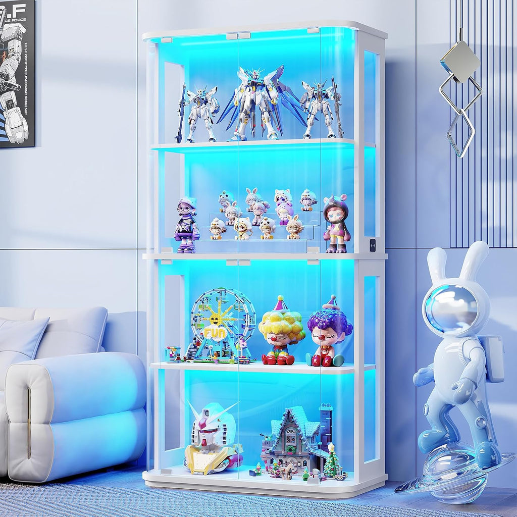 White 4‑Tier Rounded Glass Door Curio Cabinet