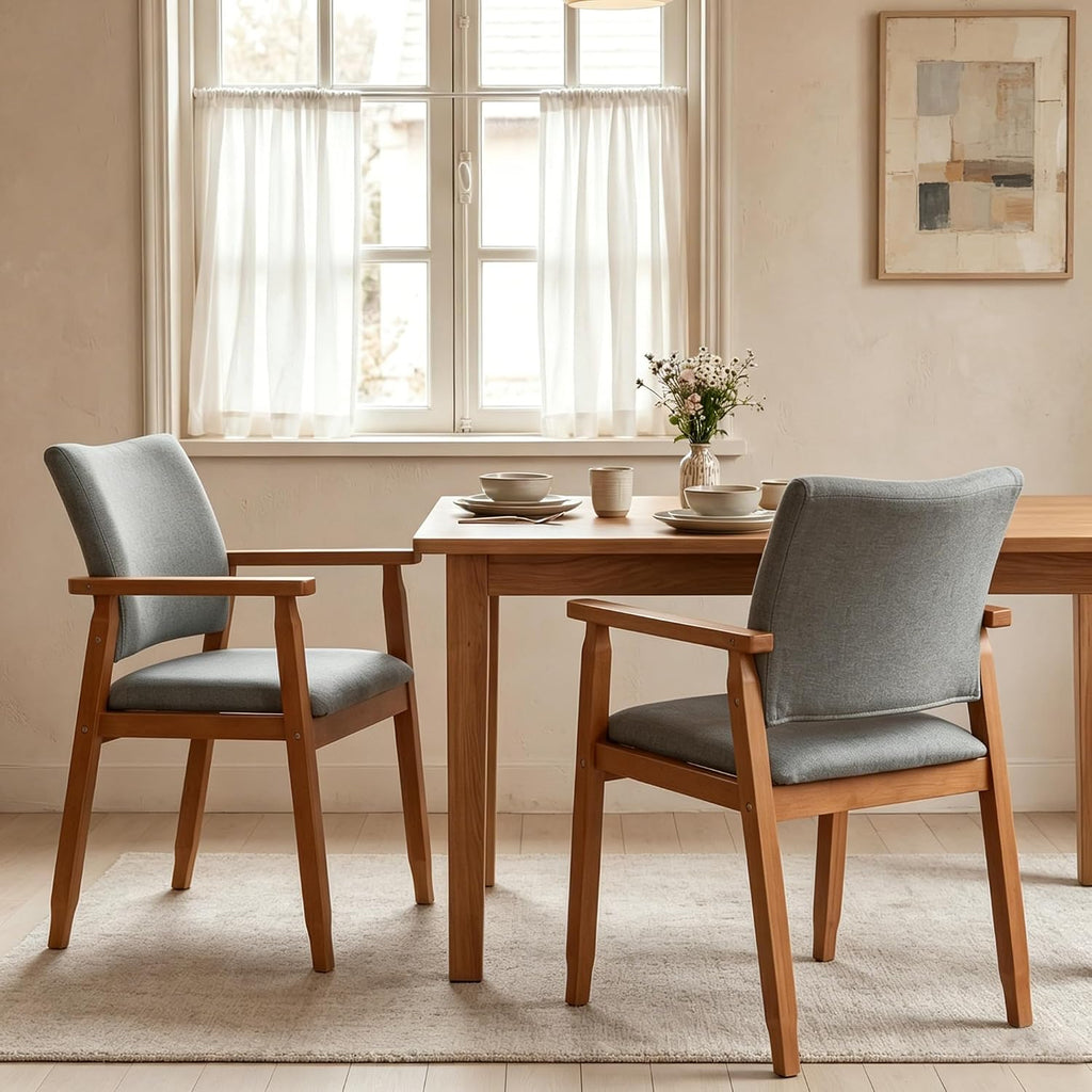 1 Pack Grey Linen Dining Armchair Solid Wood Frame