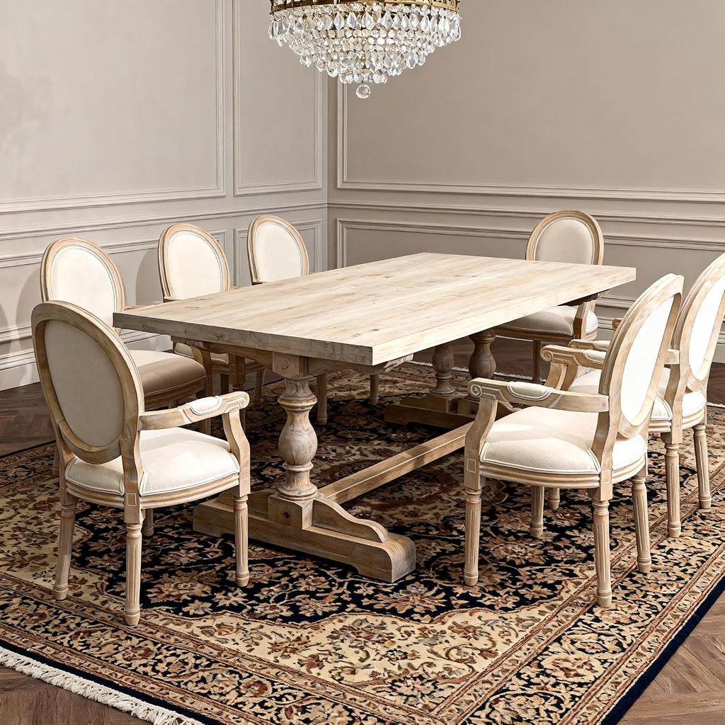 2 Pack Beige Linen Carved Arm Solid Wood Dining Chairs