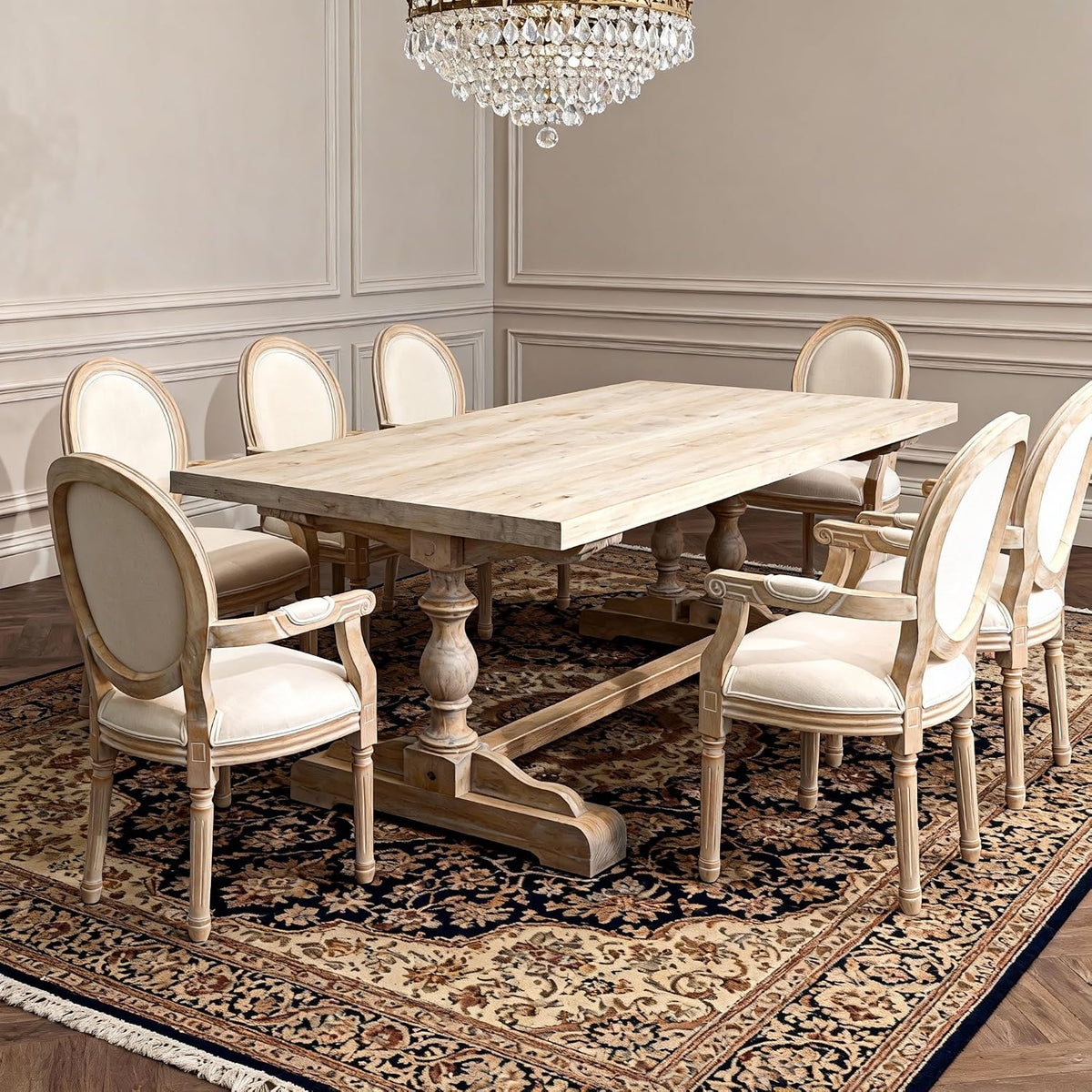 2 Pack Beige Linen Carved Arm Solid Wood Dining Chairs