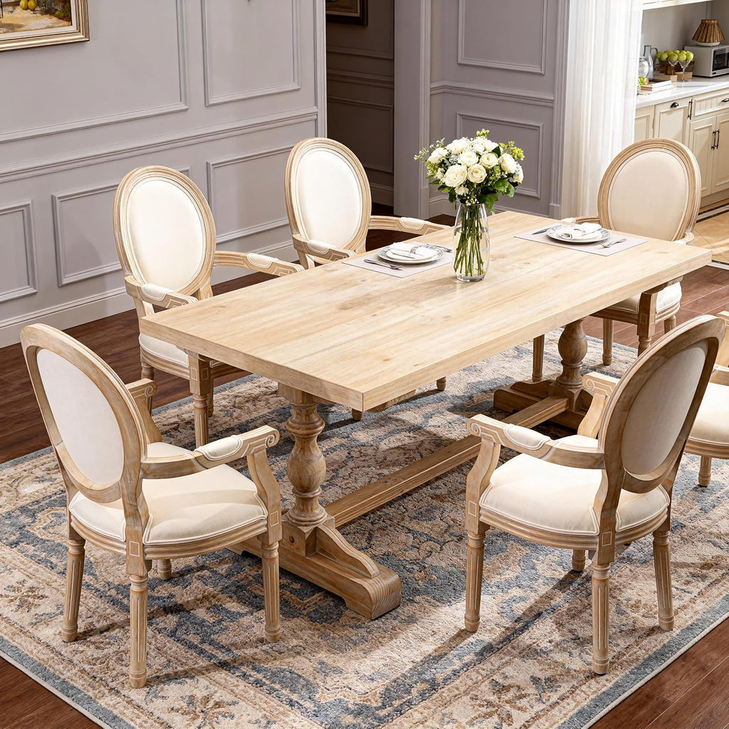2 Pack Beige Linen Carved Arm Solid Wood Dining Chairs