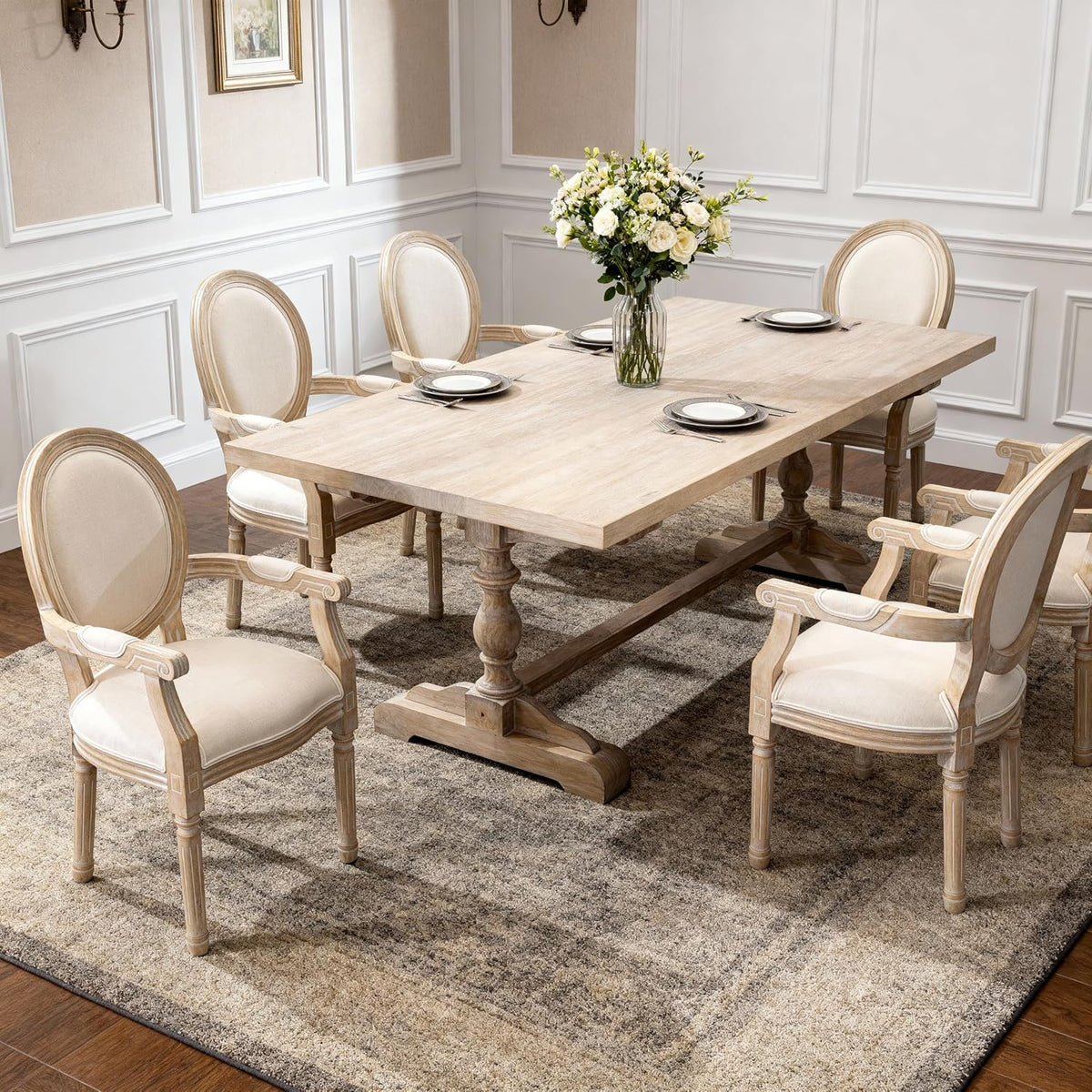 2 Pack Beige Linen Carved Arm Solid Wood Dining Chairs