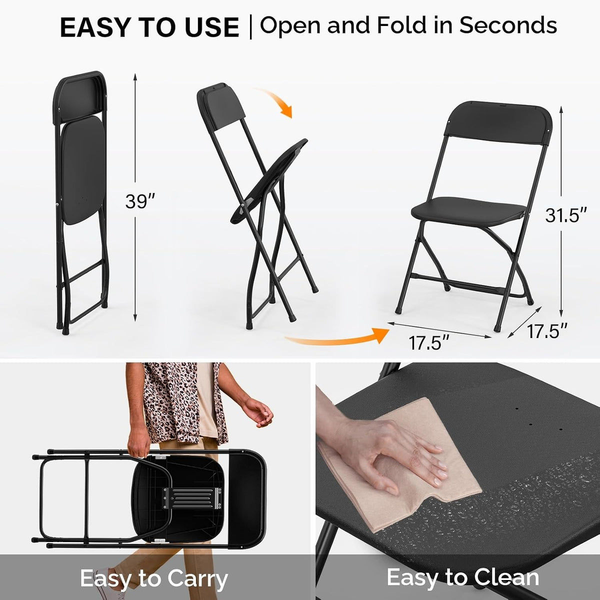 4 Pack Black Plastic Steel Folding Chairs