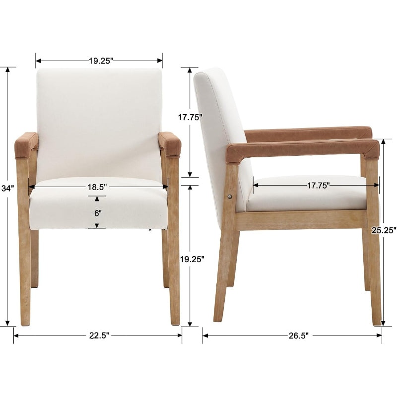 2 Pack Ivory Linen Upholstered Wood Dining Armchairs
