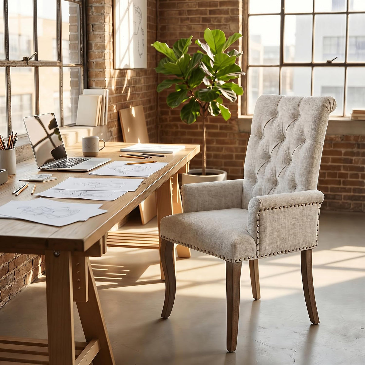 2 Pack Greyish Beige Upholstered Dining Chairs with Arms
